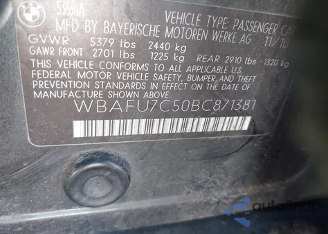 2011 BMW 535I xDrive z USA, uszkodzony, nr VIN WBAFU7C50BC871381